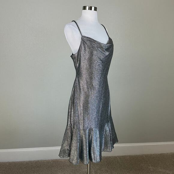 Silver Metallic Sleeveless Midi Sheath Cocktail Dress Size 10 Nightway Cowl Neck - Picture 2 of 13